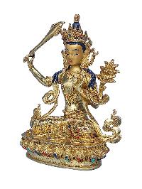 [manjushree], Buddhist Handmade Statue, [face Painted], [stone Setting] And [gold Plated]
