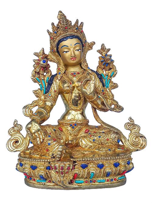 [green Tara], Buddhist Handmade Statue, [face Painted], [stone Setting] And [gold Plated]