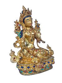 [green Tara], Buddhist Handmade Statue, [face Painted], [stone Setting] And [gold Plated]