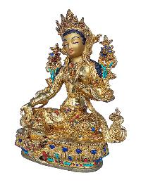 [green Tara], Buddhist Handmade Statue, [face Painted], [stone Setting] And [gold Plated]