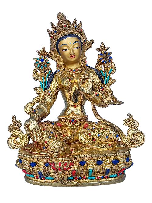 [green Tara], Buddhist Handmade Statue, [face Painted], [stone Setting] And [gold Plated]