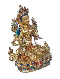 [green Tara], Buddhist Handmade Statue, [face Painted], [stone Setting] And [gold Plated]
