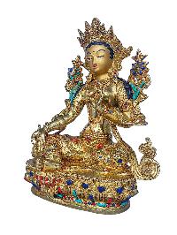 [green Tara], Buddhist Handmade Statue, [face Painted], [stone Setting] And [gold Plated]