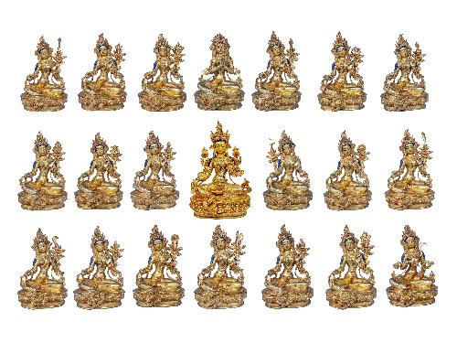 [21 Tara Set], Buddhist Handmade Statue, [face Painted], [stone Setting] And [gold Plated]