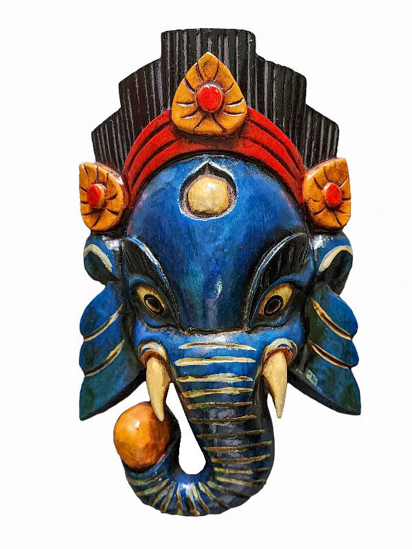 [ganesh Mask], Handmade Wooden Mask, Wall Hanging, [painted Blue], Poplar Wood