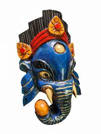 [ganesh Mask], Handmade Wooden Mask, Wall Hanging, [painted Blue], Poplar Wood