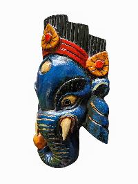 [ganesh Mask], Handmade Wooden Mask, Wall Hanging, [painted Blue], Poplar Wood