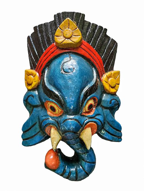 [ganesh Mask], Handmade Wooden Mask, Wall Hanging, [painted Blue], Poplar Wood