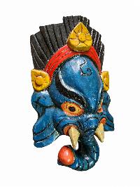 [ganesh Mask], Handmade Wooden Mask, Wall Hanging, [painted Blue], Poplar Wood