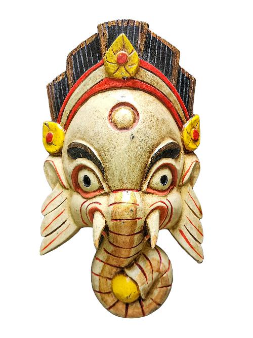[ganesh Mask], Handmade Wooden Mask, Wall Hanging, [painted White], Poplar Wood