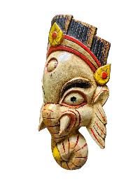 [ganesh Mask], Handmade Wooden Mask, Wall Hanging, [painted White], Poplar Wood
