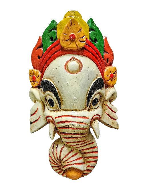 [ganesh Mask], Handmade Wooden Mask, Wall Hanging, [painted White], Poplar Wood