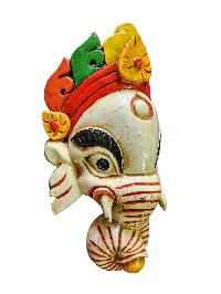 [ganesh Mask], Handmade Wooden Mask, Wall Hanging, [painted White], Poplar Wood