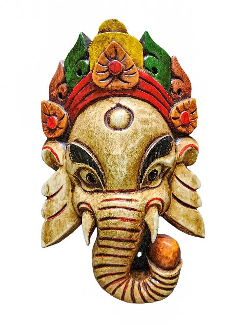 [ganesh Mask], Handmade Wooden Mask, Wall Hanging, [painted White], Poplar Wood