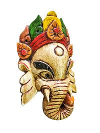 [ganesh Mask], Handmade Wooden Mask, Wall Hanging, [painted White], Poplar Wood