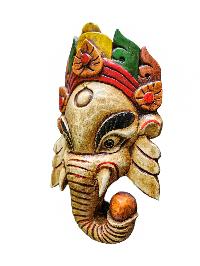[ganesh Mask], Handmade Wooden Mask, Wall Hanging, [painted White], Poplar Wood