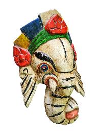 [ganesh Mask], Handmade Wooden Mask, Wall Hanging, [painted White], Poplar Wood