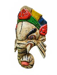 [ganesh Mask], Handmade Wooden Mask, Wall Hanging, [painted White], Poplar Wood