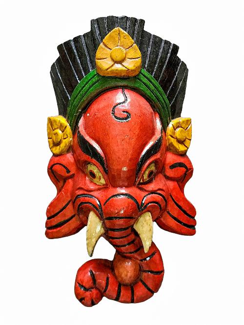 [ganesh Mask], Handmade Wooden Mask, Wall Hanging, [painted Red], Poplar Wood