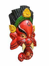 [ganesh Mask], Handmade Wooden Mask, Wall Hanging, [painted Red], Poplar Wood