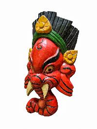 [ganesh Mask], Handmade Wooden Mask, Wall Hanging, [painted Red], Poplar Wood