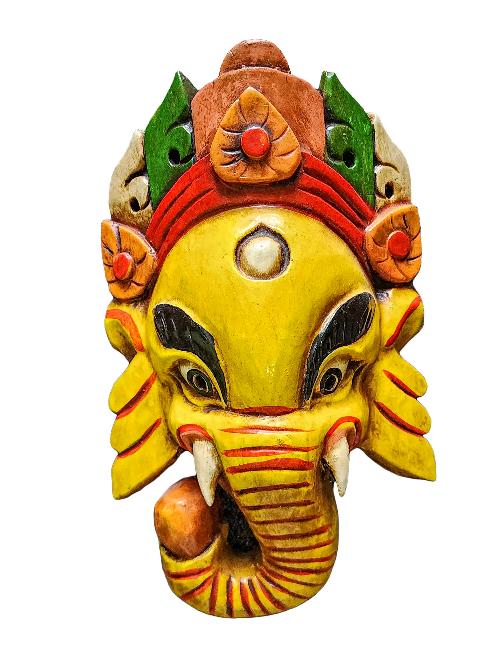 [ganesh Mask], Handmade Wooden Mask, Wall Hanging, [painted Yellow], Poplar Wood
