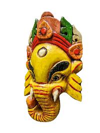 [ganesh Mask], Handmade Wooden Mask, Wall Hanging, [painted Yellow], Poplar Wood