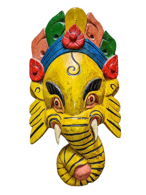 [ganesh Mask], Handmade Wooden Mask, Wall Hanging, [painted Yellow], Poplar Wood
