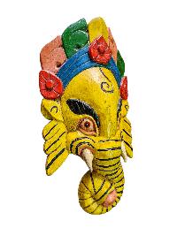 [ganesh Mask], Handmade Wooden Mask, Wall Hanging, [painted Yellow], Poplar Wood