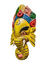 [ganesh Mask], Handmade Wooden Mask, Wall Hanging, [painted Yellow], Poplar Wood