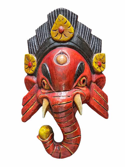 [ganesh Mask], Handmade Wooden Mask, Wall Hanging, [painted Red], Poplar Wood