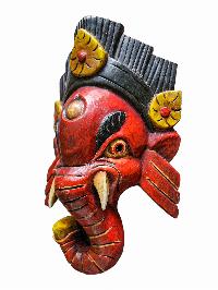 [ganesh Mask], Handmade Wooden Mask, Wall Hanging, [painted Red], Poplar Wood
