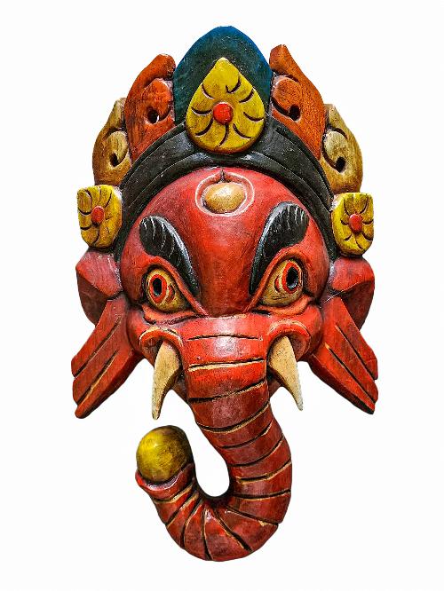 [ganesh Mask], Handmade Wooden Mask, Wall Hanging, [painted Red], Poplar Wood