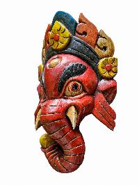 [ganesh Mask], Handmade Wooden Mask, Wall Hanging, [painted Red], Poplar Wood