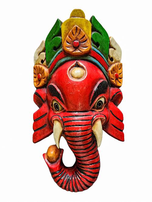 [ganesh Mask], Handmade Wooden Mask, Wall Hanging, [painted Red], Poplar Wood