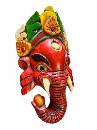 [ganesh Mask], Handmade Wooden Mask, Wall Hanging, [painted Red], Poplar Wood