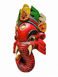 [ganesh Mask], Handmade Wooden Mask, Wall Hanging, [painted Red], Poplar Wood