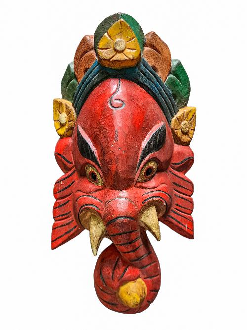 [ganesh Mask], Handmade Wooden Mask, Wall Hanging, [painted Red], Poplar Wood