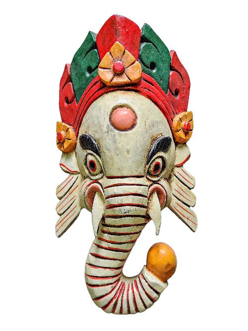 [ganesh Mask], Handmade Wooden Mask, Wall Hanging, [painted White], Poplar Wood