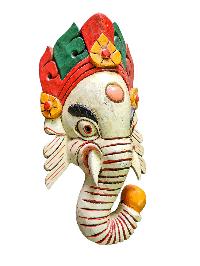 [ganesh Mask], Handmade Wooden Mask, Wall Hanging, [painted White], Poplar Wood