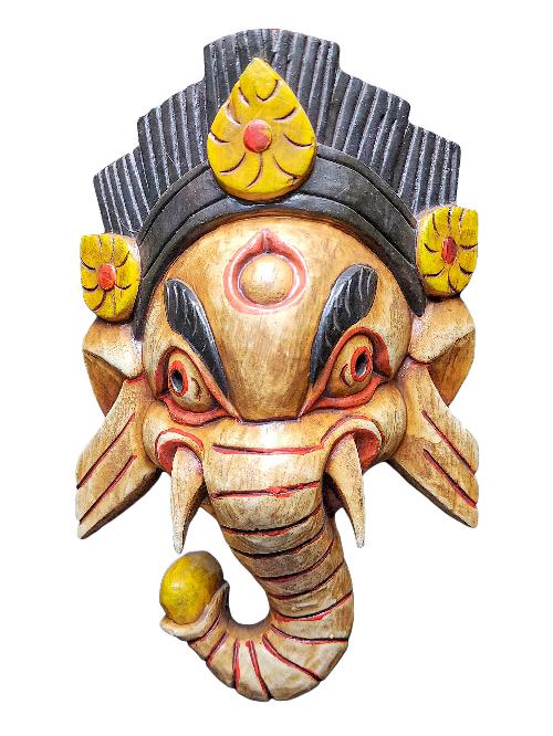 [ganesh Mask], Handmade Wooden Mask, Wall Hanging, [painted White], Poplar Wood