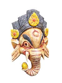 [ganesh Mask], Handmade Wooden Mask, Wall Hanging, [painted White], Poplar Wood