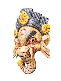 [ganesh Mask], Handmade Wooden Mask, Wall Hanging, [painted White], Poplar Wood