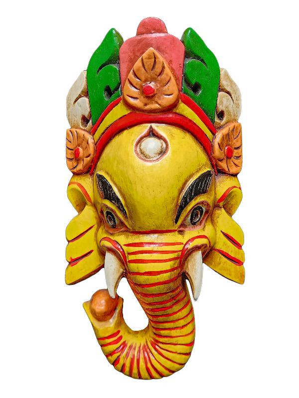 [ganesh Mask], Handmade Wooden Mask, Wall Hanging, [painted Yellow], Poplar Wood