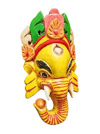 [ganesh Mask], Handmade Wooden Mask, Wall Hanging, [painted Yellow], Poplar Wood