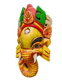 [ganesh Mask], Handmade Wooden Mask, Wall Hanging, [painted Yellow], Poplar Wood