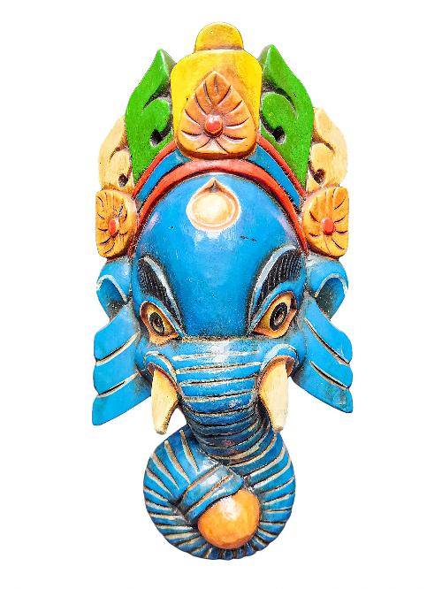 [ganesh Mask], Handmade Wooden Mask, Wall Hanging, [painted Blue], Poplar Wood