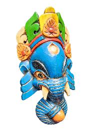 [ganesh Mask], Handmade Wooden Mask, Wall Hanging, [painted Blue], Poplar Wood