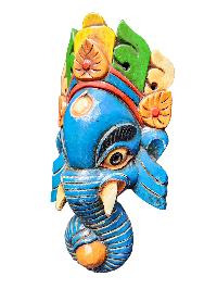 [ganesh Mask], Handmade Wooden Mask, Wall Hanging, [painted Blue], Poplar Wood
