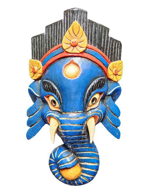 [ganesh Mask], Handmade Wooden Mask, Wall Hanging, [painted Blue], Poplar Wood